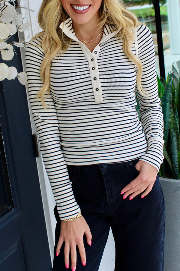 Black Stripe Ribbed Knit Half Button Long Sleeve Slim Top