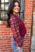 Red Dahlia Plaid Ruffled Puff Sleeve Patchwork Crew Neck Sweater