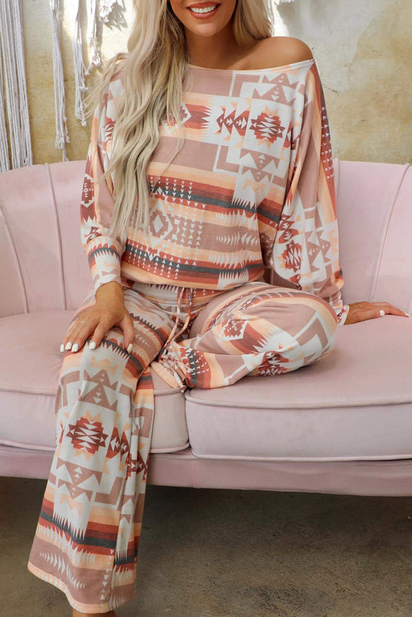 multicolour-aztec-print-puff-sleeve-pullover-and-pants-lounge-outfit