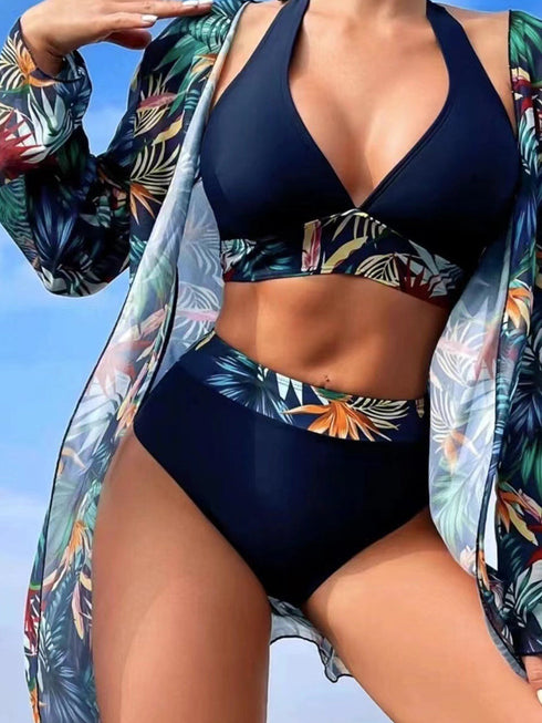 navy-blue-3pcs-tropical-contrast-trim-halter-bikini-set-with-cove-up