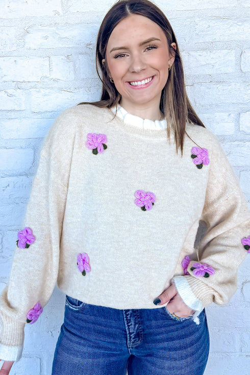 Beige Cute Flower Decor Contrast Trim Neck Cuffed Sweater