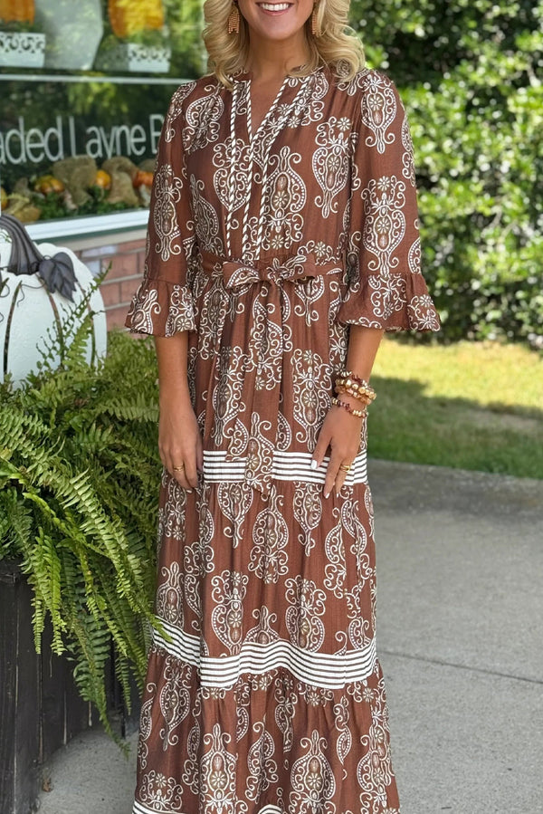 Brown Floral Print Belted Striped Trim Tiered Maxi Dress