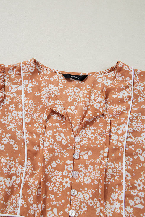 Yellow Floral Print Contrast Trim Button Tie Neck Swing Dress