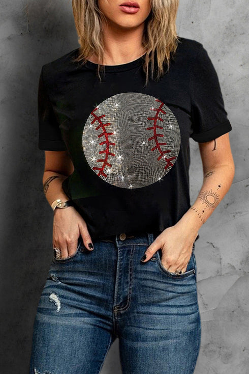 black-rhinestone-baseball-pattern-round-neck-t-shirt