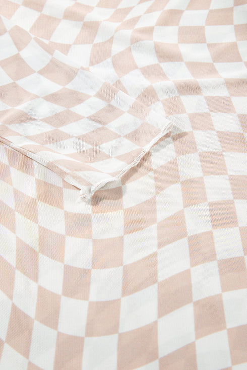 Khaki Checkered Pattern Mesh Mock Neck Long Sleeve Top