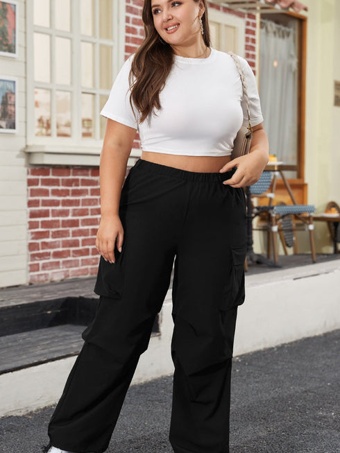 black-plus-size-flap-pocket-elastic-waist-cargo-pants