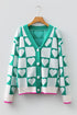 Sea Green Plaid Heart Knit V Neck Button Down Sweater Cardigan