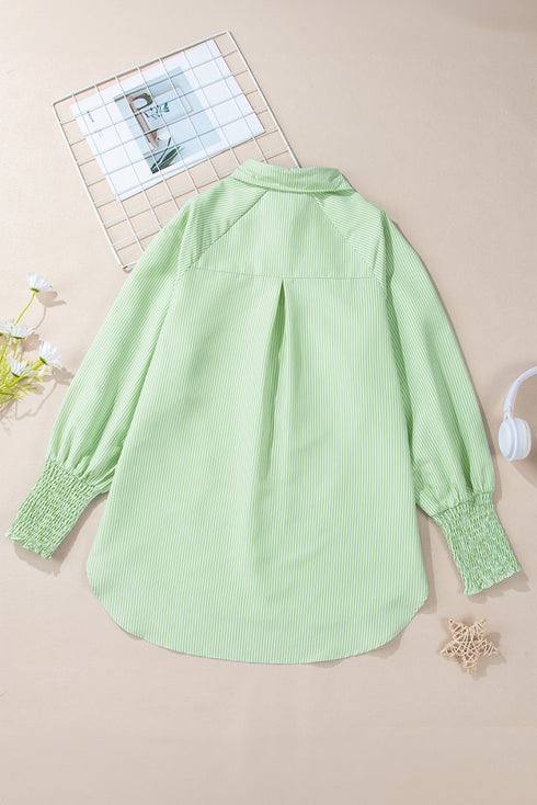 Grass Green Striped Shirred Cuff Buttoned Loose Fit Shirt