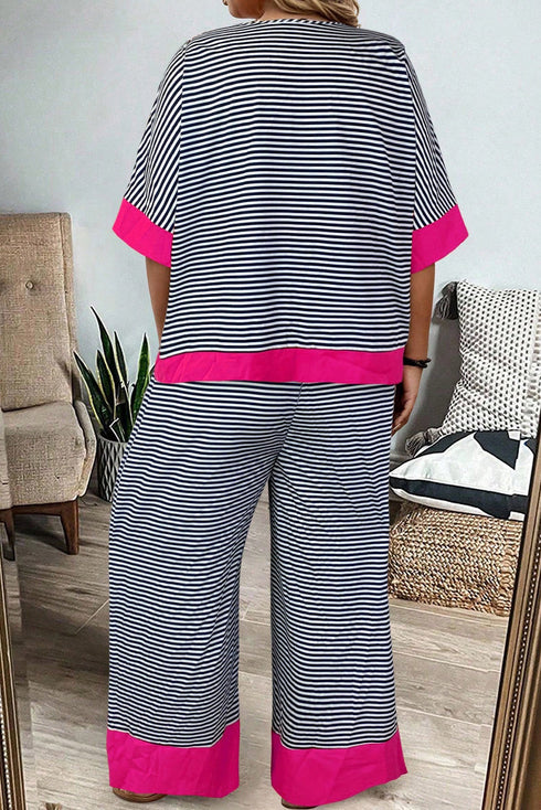 Black Stripe Contrast Color Block Patchwork Bracelet Sleeve Top Drawstring Pants Plus Size 2pcs Outfit
