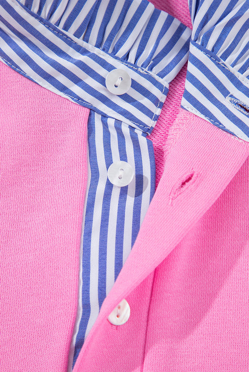 Pink Contrast Striped Collar Patchwork Puff Sleeve Ruffle Hem Mini Dress