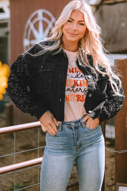 black-sequin-sleeve-pocketed-raw-hem-denim-jacket