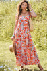 Orange Boho Fashion Print Spaghetti Straps Drawstring Maxi Dress