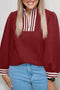 Racing Red Rhombus Textured Striped Patchwork Zip Neck Pullover Sweatshirt
