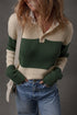 Blackish Green Ribbed Color Block Knit Shirt Collar Patchwork Slim Sweater