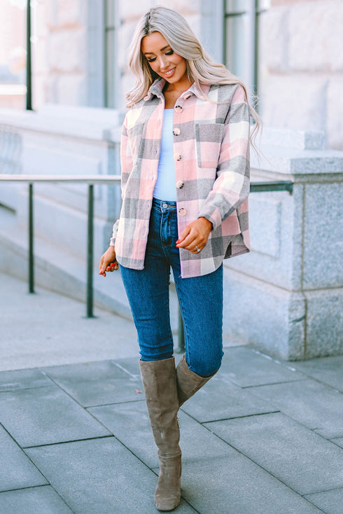 Pink Gray Plaid Color Block Buttoned Long Sleeve Jacket with Pocket