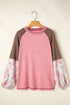 Fushia Mixed Print Raglan Sleeve Ribbed Knit Patchwork Blouse