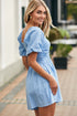 Sky Blue Brown Square Neck Ruched Puff Sleeve Romper