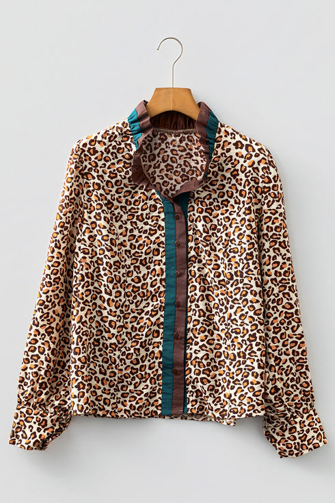 Brown Leopard Print Contrast Frilled Trim Button Down V Neck Shirt