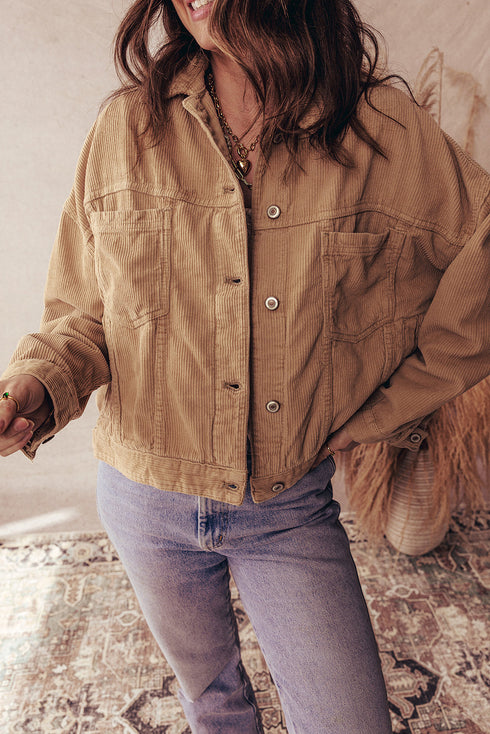 Camel Double Patch Pocket Plus Size Corduroy Jacket