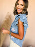 beau-blue-sequin-baseball-graphic-button-up-ruffled-sleeve-frayed-denim-top