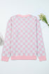 Pink Checkered Christmas Tree Pattern Button V Neck Cardigan Sweater