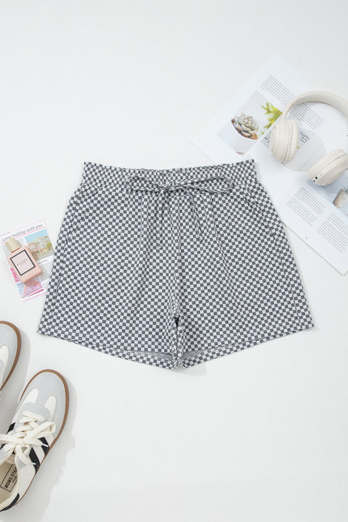 Gray Checkerboard Print Drawstring Elastic Waist Pocketed Shorts