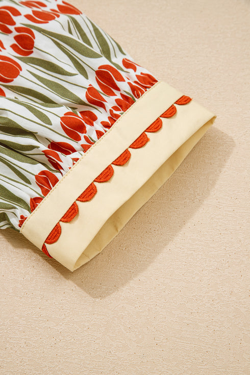 White Tulip Floral Print Cotton Puff Short Sleeve Mini Dress