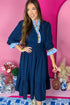 Navy Blue Contrast Frilled Trim V Neck 3/4 Ruffled Sleeve Flowy Midi Dress