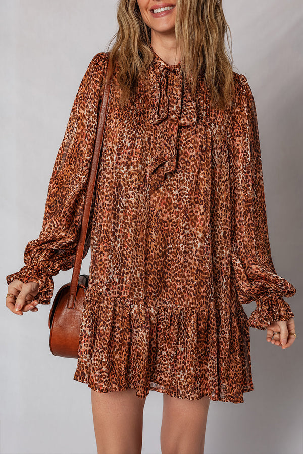 Brown Leopard Print Tie Neck Ruffled Long Sleeve Loose Fit Mini Dress