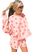 Pink Polka Dot Print Drop Shoulder Pullover Drawstring Shorts Set