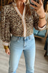 Khaki Contrast Striped Trim V Neck Leopard Shirt