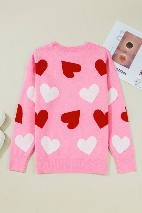 Pink Pearl Embellished Heart Pattern Valentines Day Sweater