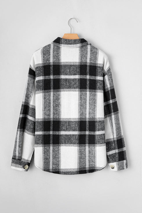Gray Plaid Color Block Buttoned Long Sleeve Jacket with Pocket
