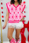 Pink Striped V Neck Heart Rhombus Pattern Sweater Vest