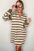 Khaki Stripe Collared V Neck Long Sleeve Loose Casual Dress