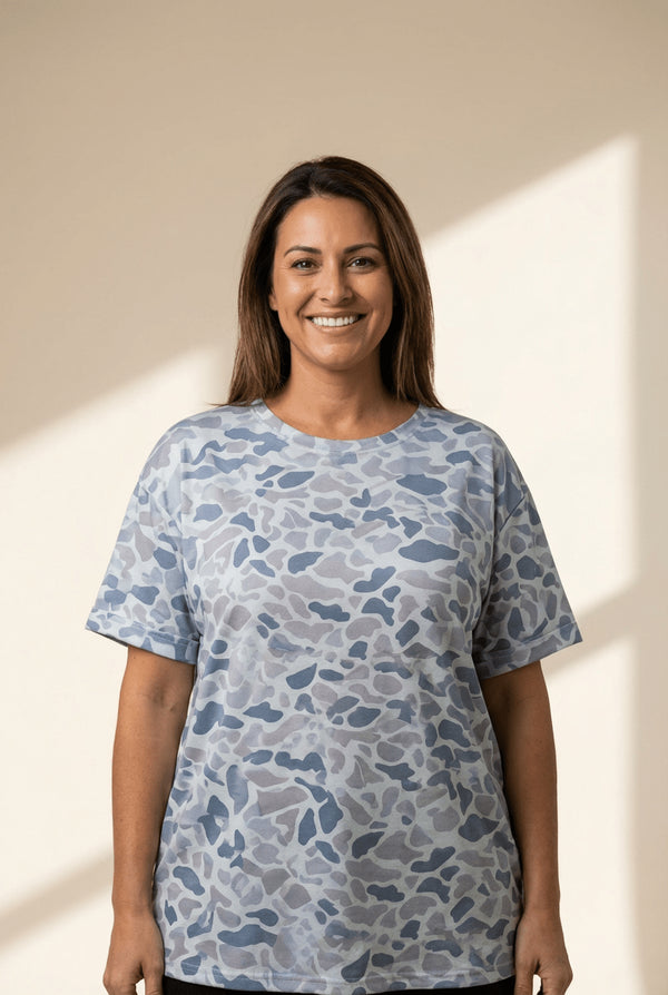 Abstract Blue & Grey Camo Print Relaxed Tee for Everyday Comfort