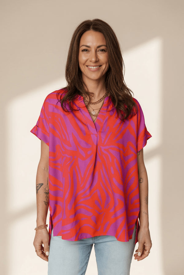 Women's Abstract Fuchsia and Tangerine V-Neck Silk-Feel Blouse