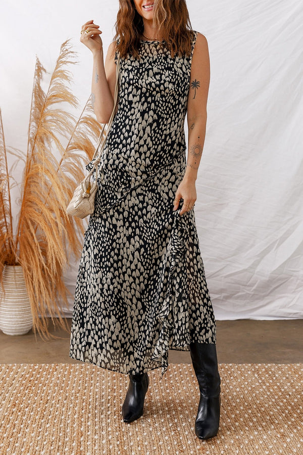 Women's Abstract Print Sleeveless Maxi Dress with Asymmetrical Ruffle