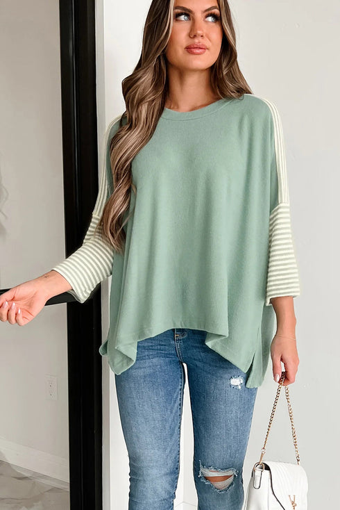 Clearly Aqua Striped Bracelet Sleeve Patchwork Oversize Tee