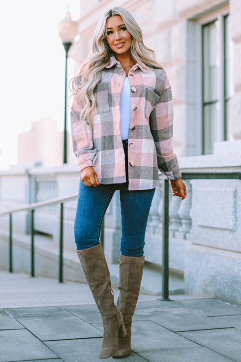 Pink Gray Plaid Color Block Buttoned Long Sleeve Jacket with Pocket