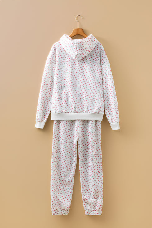 Pink Floral Print Kangaroo Pocket Hoodie Sheath Sweatpants Set