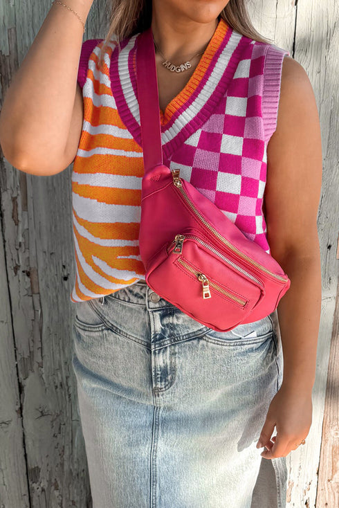 Yellow Striped Checkered Contrast Patchwork V Neck Sweater Vest