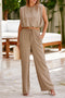 Pale Khaki Solid Color Keyhole Puffy Tank Drawstring Loose Pants 2pcs Outfit
