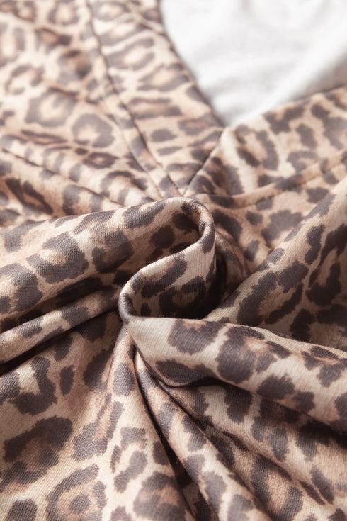 Light French Beige Leopard Print V Neck Pullover Mini Skirt 2pcs Set