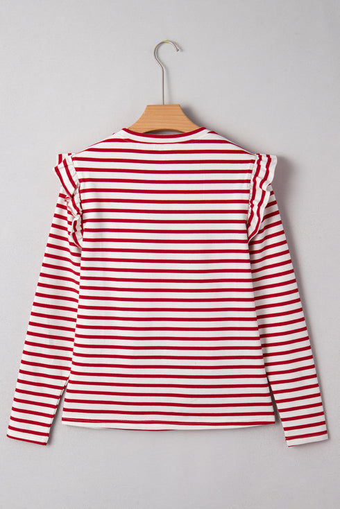 Red Stripe Round Neck Ruffle Trim Long Sleeve Top
