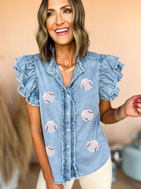 beau-blue-sequin-baseball-graphic-button-up-ruffled-sleeve-frayed-denim-top