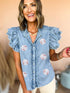 beau-blue-sequin-baseball-graphic-button-up-ruffled-sleeve-frayed-denim-top