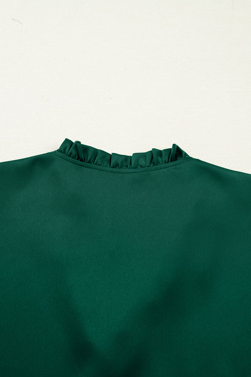Blackish Green Solid Color Frilled V Neck Bow Detail 3/4 Sleeve Blouse