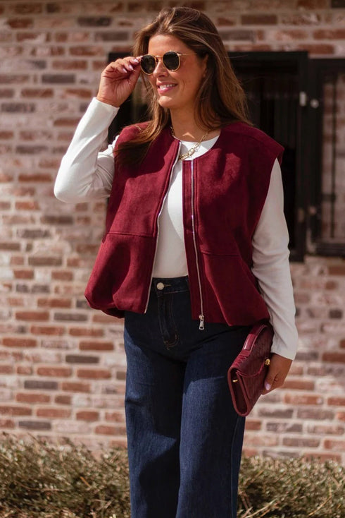 Burgundy Suede Zipped Sleeveless Vest