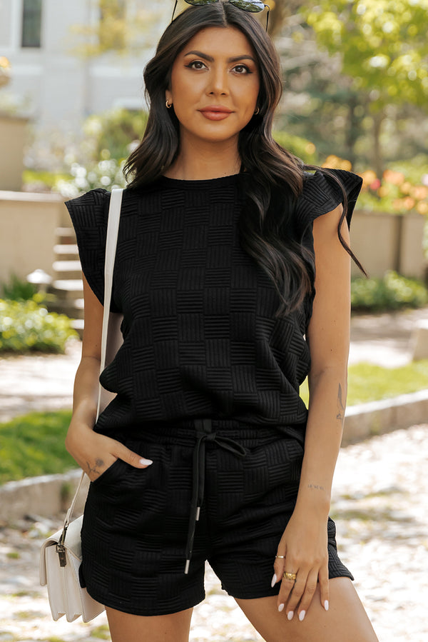 Black Textured Ruffled Sleeve Tee and Drawstring Elastic Waistband Shorts Set